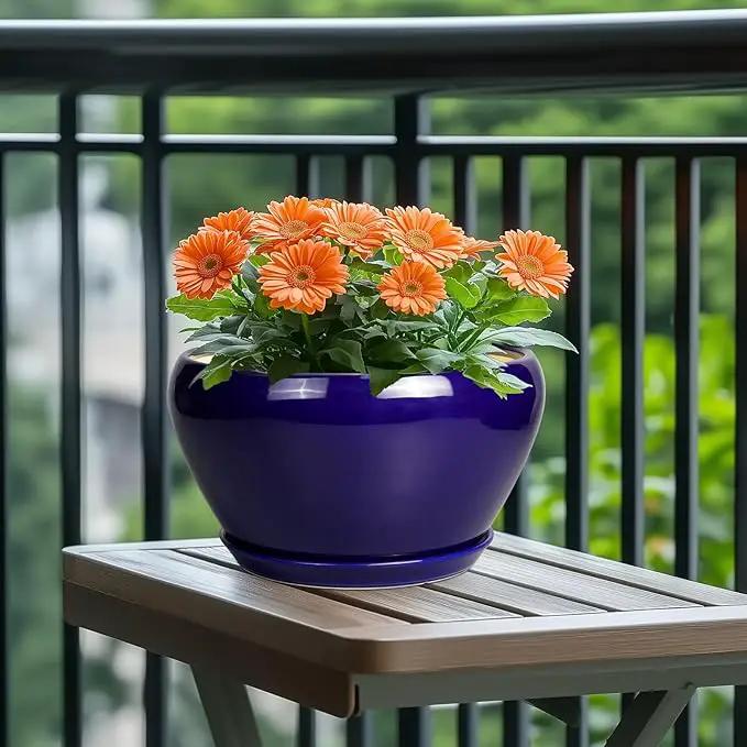 Ceramic Planter Pot 11 Inch - Indoor Planter Pot for Plants with Drainage Hole and Saucer Large Planter Round Outdoor Flower Pot Mid-Century for House Patio Decor Blue by GreenHaven Gardens