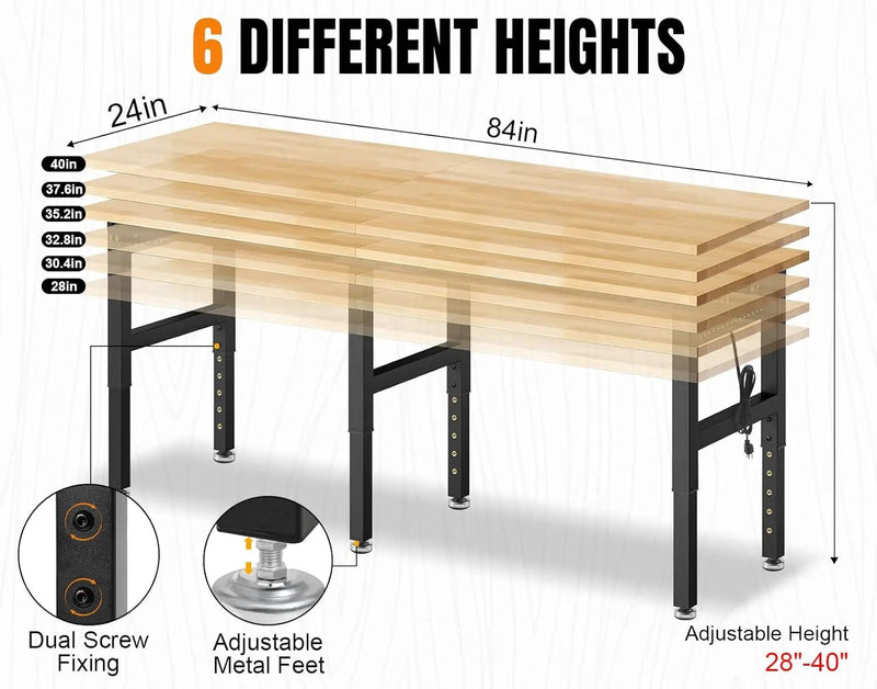 84” Adjustable Height Workbench, 5000 LBS Heavy Duty Table Rubber Wood Workstation with Power Outlet & Pegboard for Office, Garage,Workshop,Commercial,Home by GreenHaven Gardens