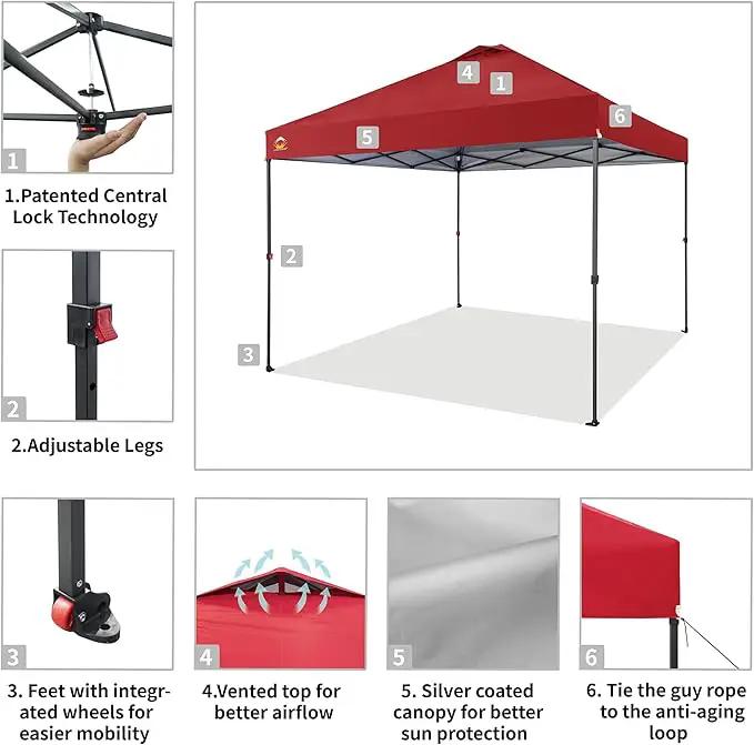 CROWN SHADES 10x10 Pop Up Canopy Tent - Patented Center Lock One Push Instant Outdoor Canopy Beach Tent with STO-N-Go Bag 8 Stakes & 4 Sand Bags，Red by GreenHaven Gardens