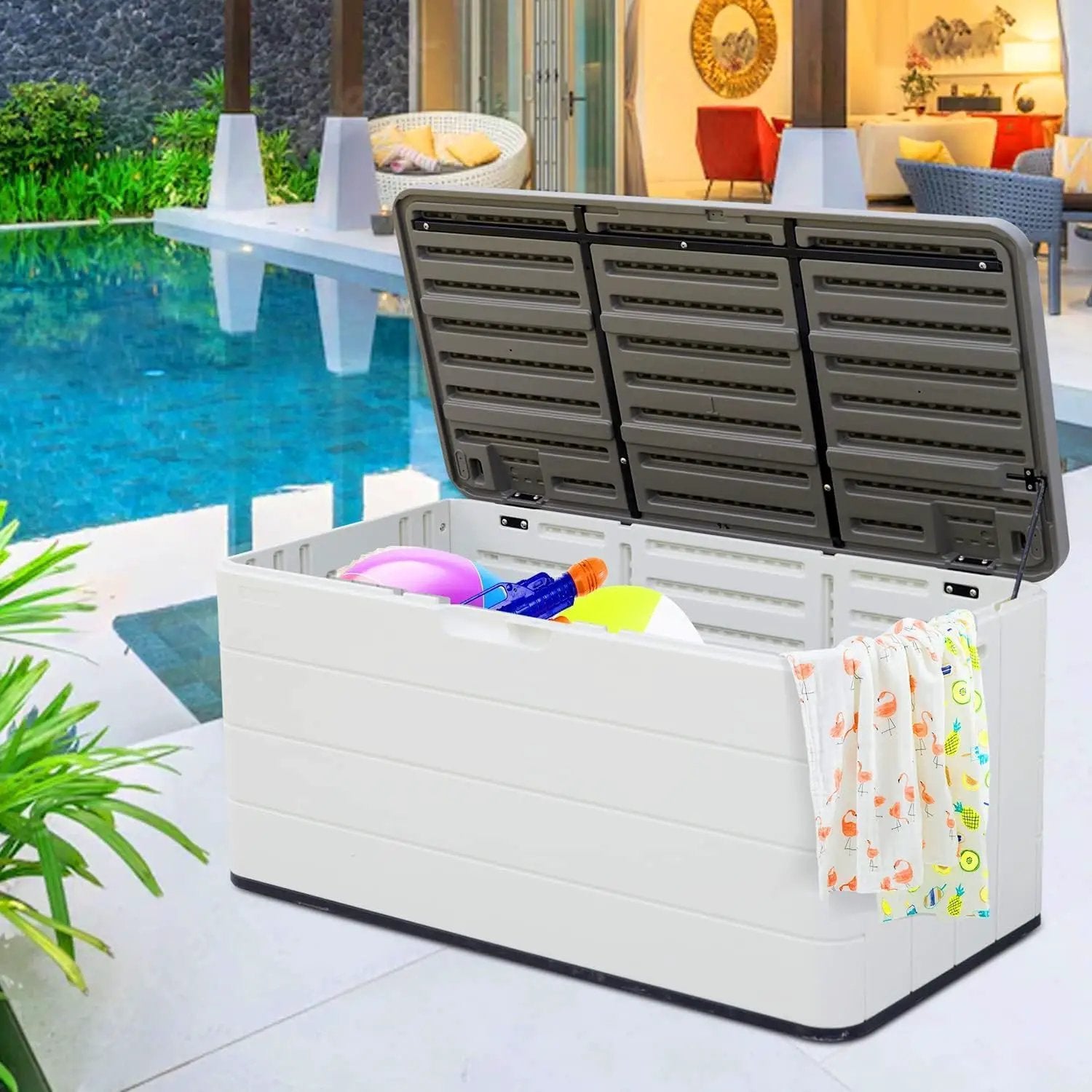 100 GAL Resin Deck Box - Lockable Waterproof Outdoor Storage Bench for Patio Cushions, Garden Tools & Pool Accessories - Wood-Look Texture, White by GreenHaven Gardens
