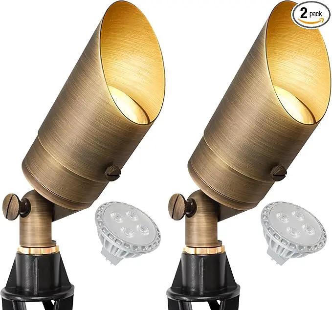 GKOLED Solid Brass Spotlight Low Voltage Landscape Lighting, LED Outdoor Lights for Garden Patio Yard, Directional Up and Down Light with 5W MR16 Bulb, 12V 2700K Warm White, 2 Pack by GreenHaven Gardens
