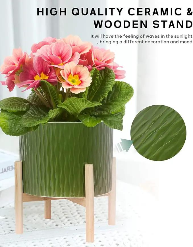 LaDoVita Ceramic Plant Pot with Stand, 10 Inch Planter with Wood Shelf, Modern Round Flower Pots Indoor with Wood Planter Holder, Dark Green Water Ripple Pattern by GreenHaven Gardens