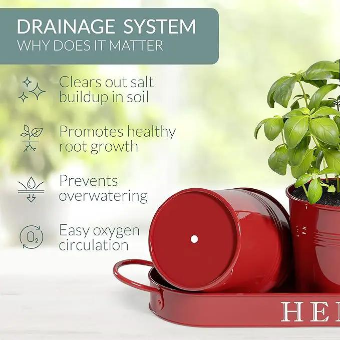 Barnyard Designs Indoor Herb Garden Planter Set with Tray, Metal Windowsill Plant Pots with Drainage for Outdoor or Indoor Plants, Set/3 (Brick Red) by GreenHaven Gardens