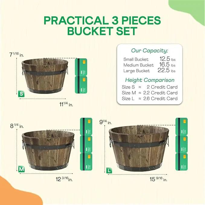 IDZO Set of 3 Wooden Flower Planters for Outdoor Plants, Acacia Wood Barrel Planters, Ergonomic Handles, Drainage Holes, Various Sizes, Walnut by GreenHaven Gardens