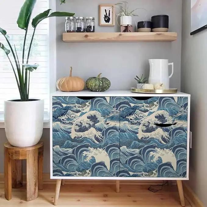Hand Drawn Blue Sea Wave Reef Peel and Stick Wallpaper Self Adhesive Removable Easy Peel Off Stick on Wall Paper for Bedroom Cabinet Renter Friendly by GreenHaven Gardens