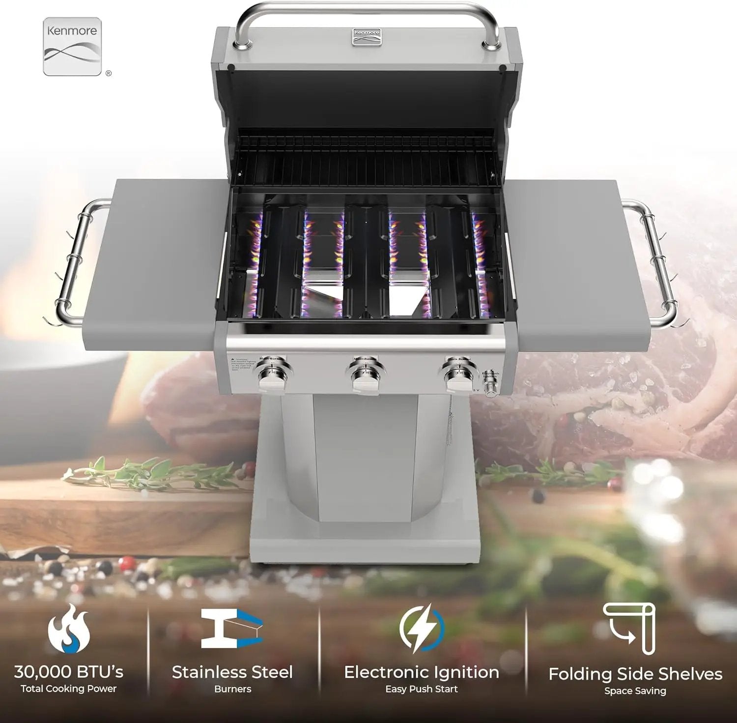 Kenmore 3-Burner Outdoor BBQ Grill | Liquid Propane Barbecue Gas Grill with Folding Sides, PG-A4030400LD-PE, Pedestal Grill with Wheels, 30000 BTU, Pearl White by GreenHaven Gardens