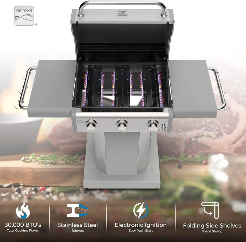 Kenmore 3-Burner Propane BBQ Grill, 30,000 BTUs Gas Grill with Cast Iron Cooking Grates, Folding Side Tables & Wheels, Outdoor Grill with Tool Hooks, Pearl White + Bonus Cover by GreenHaven Gardens