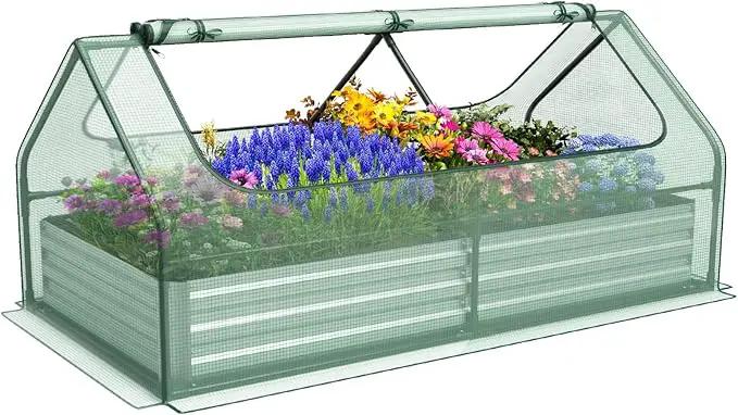SAFSTAR Raised Garden Bed with Cover, 6FT x 3FT x 3FT Galvanized Bottomless Garden Bed with Greenhouse, Dual 2-Tier Roll-Up Windows, Outdoor Metal Planter Box Kit with Cover (Green) by GreenHaven Gardens