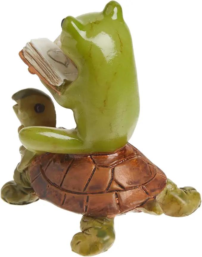 Top Collection Miniature Fairy Garden & Terrarium Frog Reading Book on Turtle Statue, Small, Green, Orange by GreenHaven Gardens
