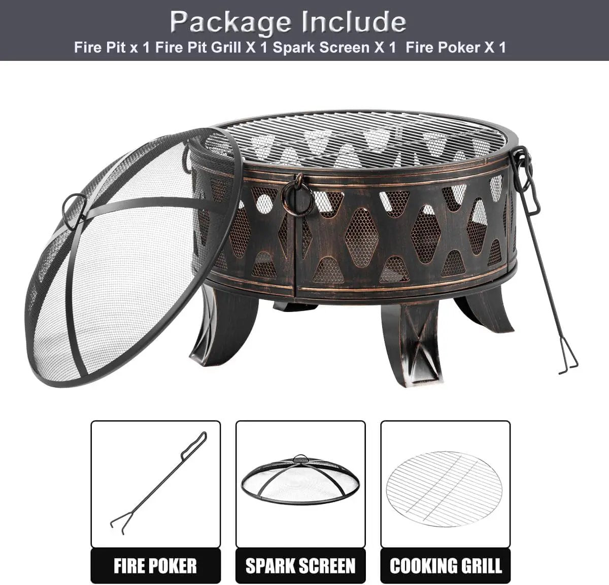 Breezz 26 Inch Wood Burning Fire Pit with Cooking Grill and Spark Screen, Outdoor Metal Round Firepit for Patio, Backyard, Bonfire Party, Camping and Garden by GreenHaven Gardens