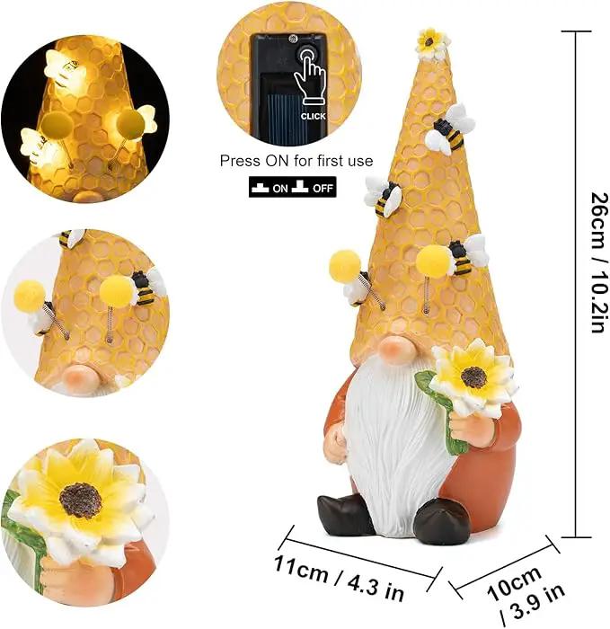 pearlstar Garden Gnome Statues Bee Solar Light 10.2" Tall Large Resin Figurine Outdoor Funny Home Yard Patio Decoration Fall Thanksgiving by GreenHaven Gardens