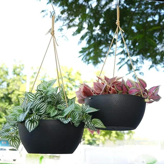 12 Inch 2 Pack Large Hanging Planters for Indoor Outdoor Plants, Plastic Hanging Basket Pots for House Plants Flowers, Black by GreenHaven Gardens