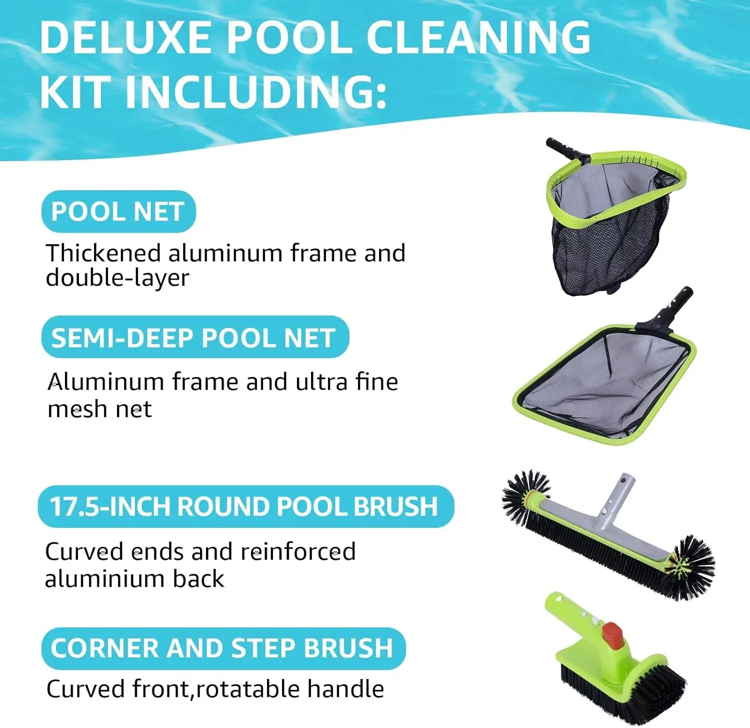 Sepetrel Deluxe Swimming Pool Cleaning Kit Including Professional Leaf Skimmer Net,Half-Depth Fine Mesh Net,17.5" Pool Brush Head & Hand Scrub Brush(NO Pole) by GreenHaven Gardens