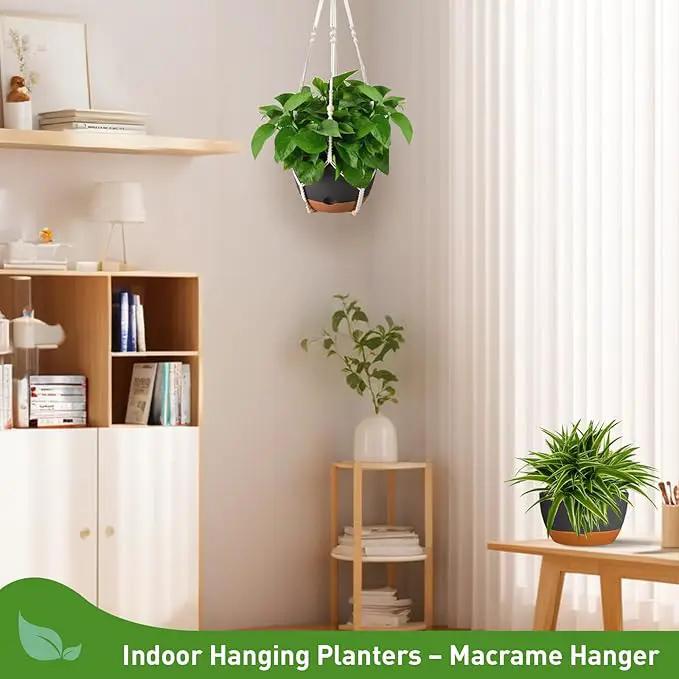 10 Inch Hanging Planters for Indoor & Outdoor Use (2 Pack) - Self-Watering & Drainage Flower Pots with Chain & Macrame Hangers (Deep Gray, 10 in) by GreenHaven Gardens