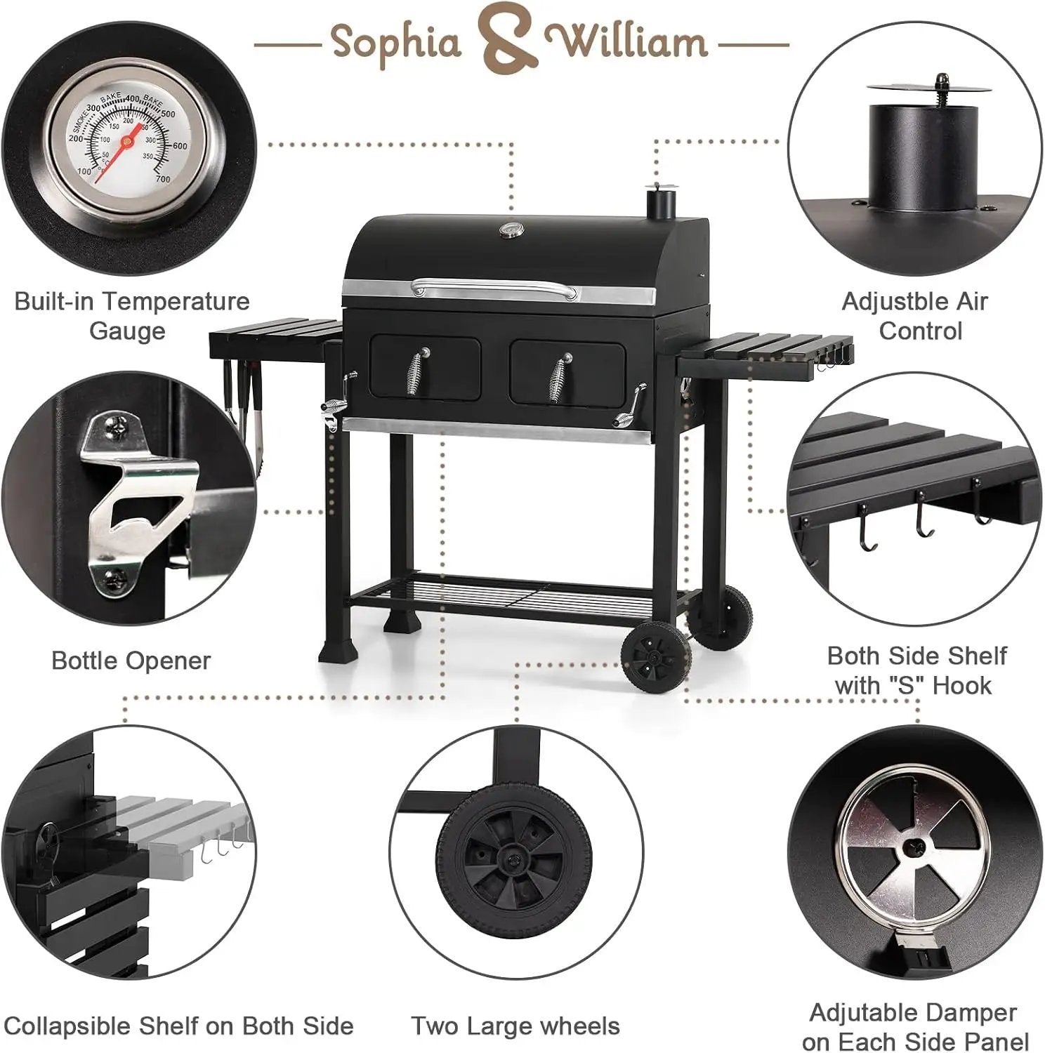 Sophia & William Extra Large Charcoal BBQ Grills with 794 SQ.IN. Cooking Area, Heavy Duty Outdoor Barbecue Grill with 2 Individual Lifting Charcoal Tray and 2 Foldable Side Table, Black by GreenHaven Gardens