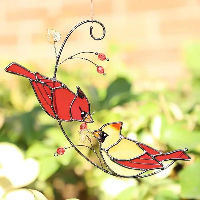 Cardinal Stained Glass Suncatchers for Windows Hanging Decorative,Couple Red Love Birds Sun Catchers for Christmas Ornaments,Real Stained Glass Cardinal Memorial Gifts for Women/Mom by GreenHaven Gardens