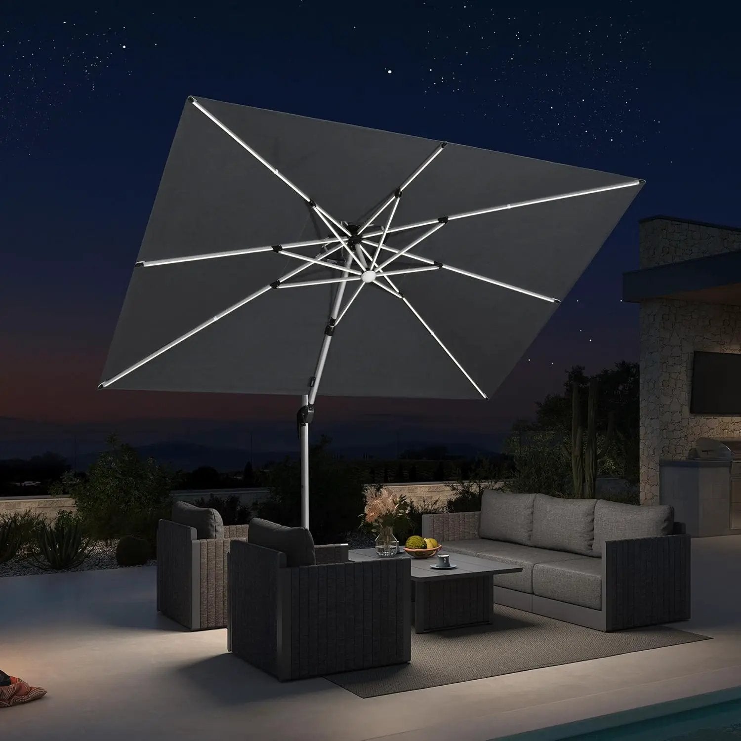 PURPLE LEAF 10' X 10' Solar Powered LED Patio Large Umbrella Offset Double Top Hanging Umbrella Outdoor Market Umbrella for Garden, Slate Gray by GreenHaven Gardens