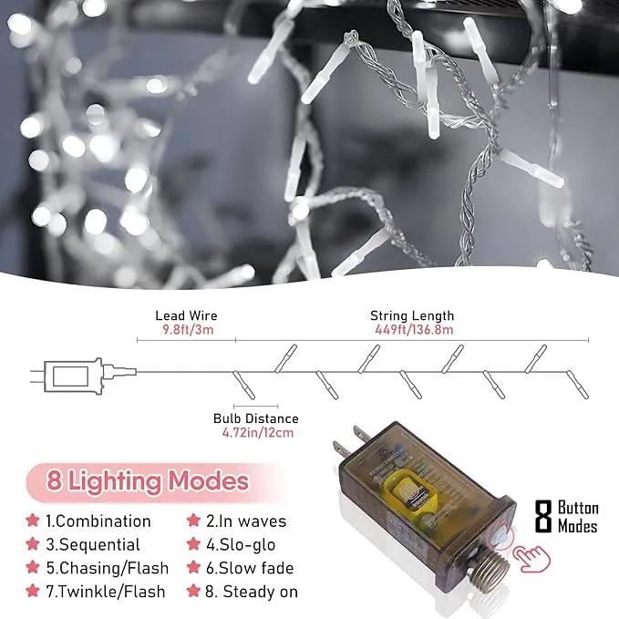 Heceltt 1140 LED 449 FT String Lights Outdoor, 8 Modes White Christmas Lights Plug in, IP44 Waterproof Led String Lights with Timer and Memory for Xmas Tree Yard Party Garden Decorations by GreenHaven Gardens