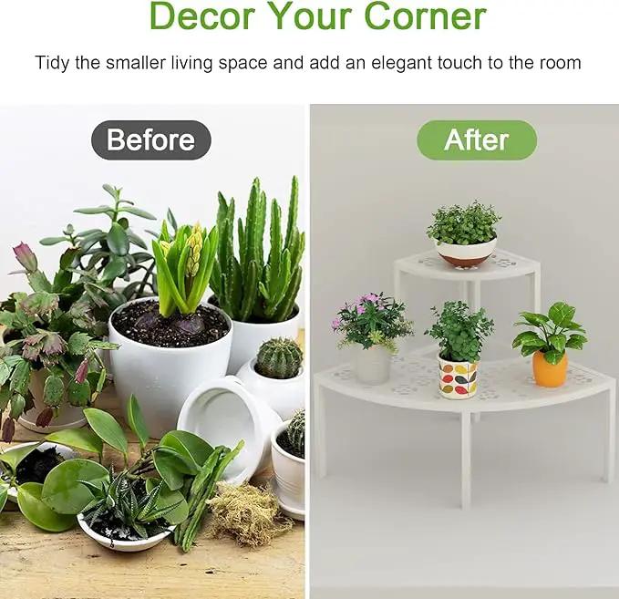 aboxoo 2 Tier Plant Stand Flower Pot Rack for Patio,Heavy Duty Metal Stair-Step Style Corner Shelf Planters, Quarter Round Display Holder for Indoor Outdoor Use(White, Semicircle) by GreenHaven Gardens