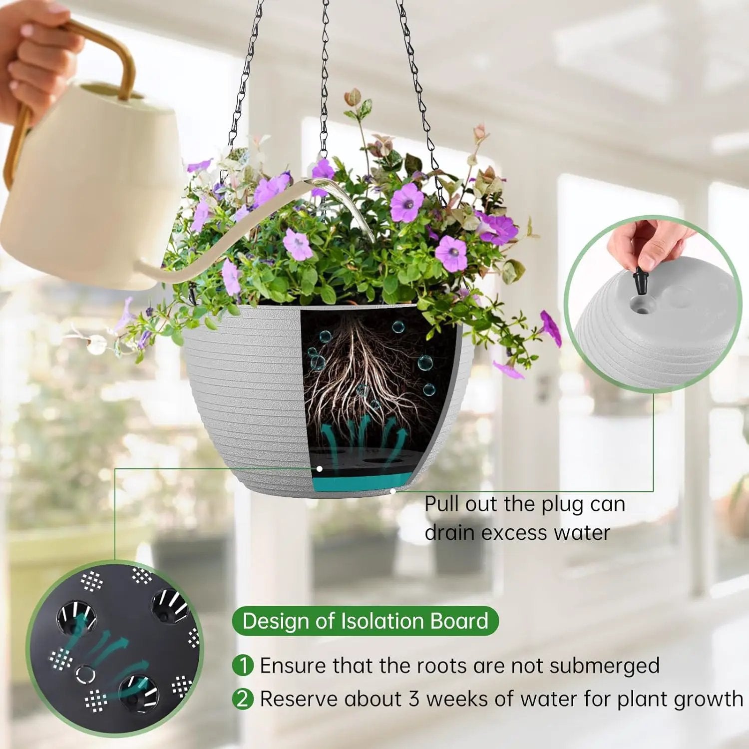 Hanging Planters for Indoor Outdoor Plants, Set of 2 Self Watering Hanging Pots with Drainage Hole & Plug and 20" Chain & Hooks by GreenHaven Gardens