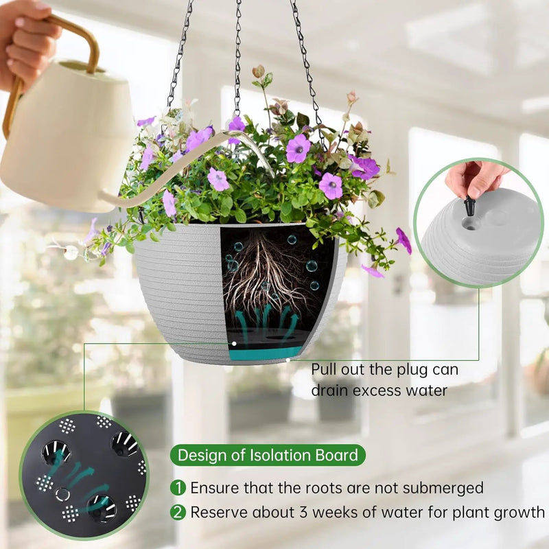 Hanging Planters for Indoor Outdoor Plants, Set of 2 Self Watering Hanging Pots with Drainage Hole & Plug and 20" Chain & Hooks by GreenHaven Gardens