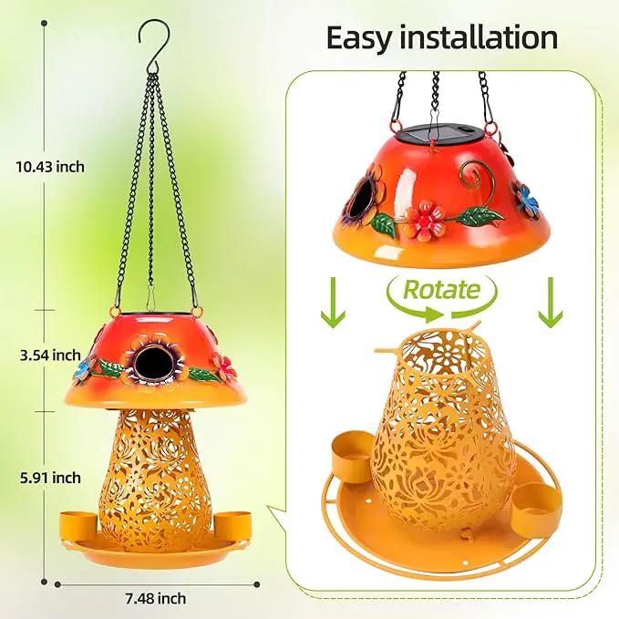 Mushroom Solar Bird Feeders for Outdoors Hanging Metal Wild Bird Feeder Garden Lantern with S Hook for Garden Decoration Orange by GreenHaven Gardens