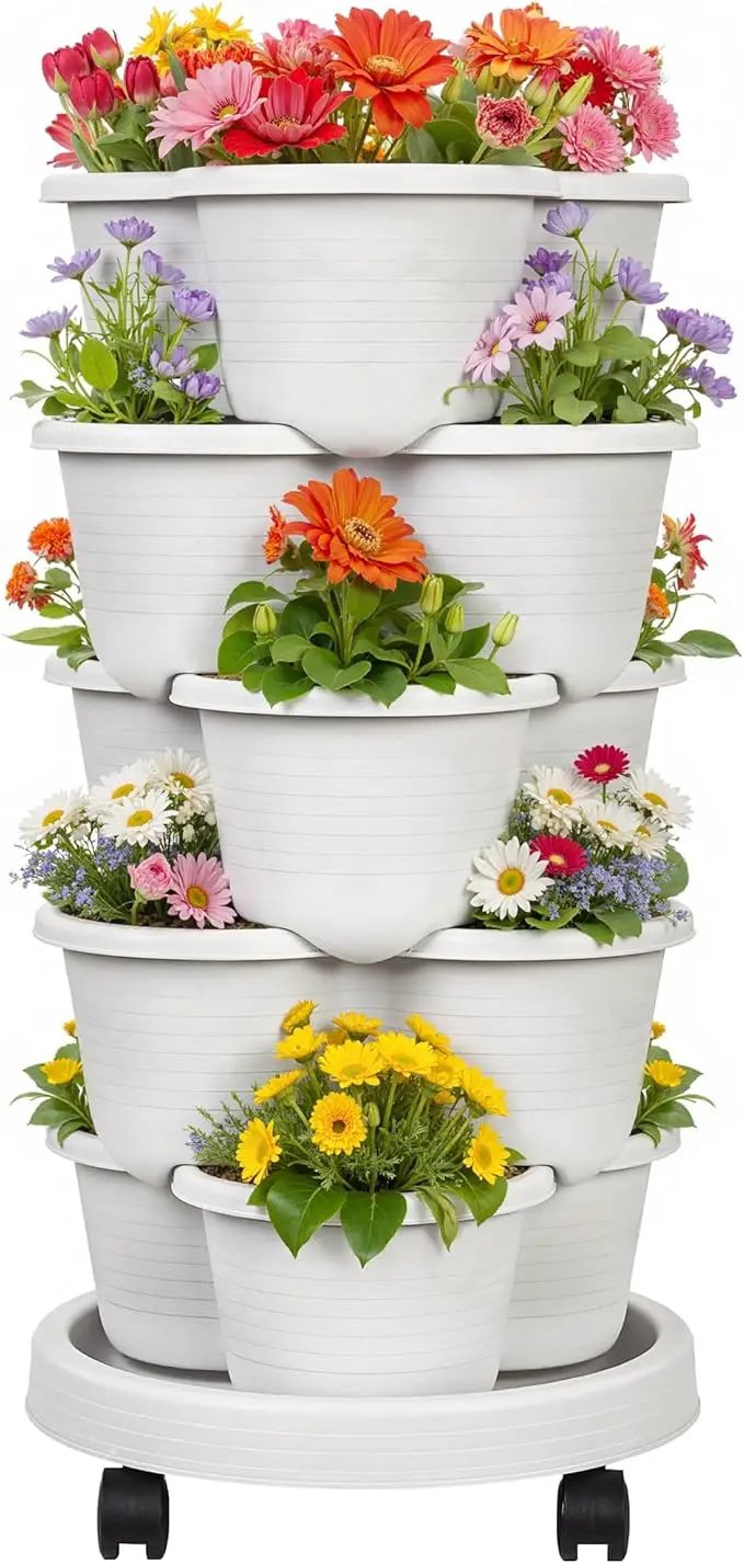 VECELO 5 Tier Vertical Garden Planter, Self Watering Stackable Planters with Wheels for Strawberries, Herbs, Flowers, Vegetables, Gray by GreenHaven Gardens