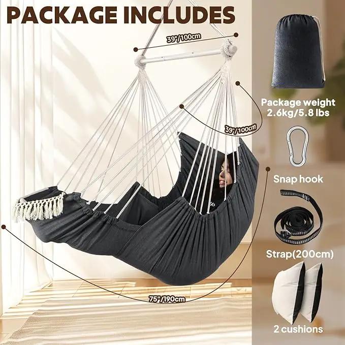Chihee Hammock Chair Hanging Chair with Foot Rest 2 Cushions Max 500lbs Robust Metal Spreader Bar Collapsible Easy Storage Soft Cotton Swing Chair Strong Strap Iron Carabiner Side Pocket Included by GreenHaven Gardens
