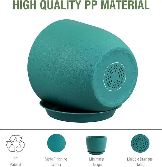 Plant Pots 12 inch, Plastic Planters with Drainage Holes and Saucers, Large Flower Pots for Indoor Outdoor Plants, Modern Decorative Pots for Garden House Plants, Blue Green