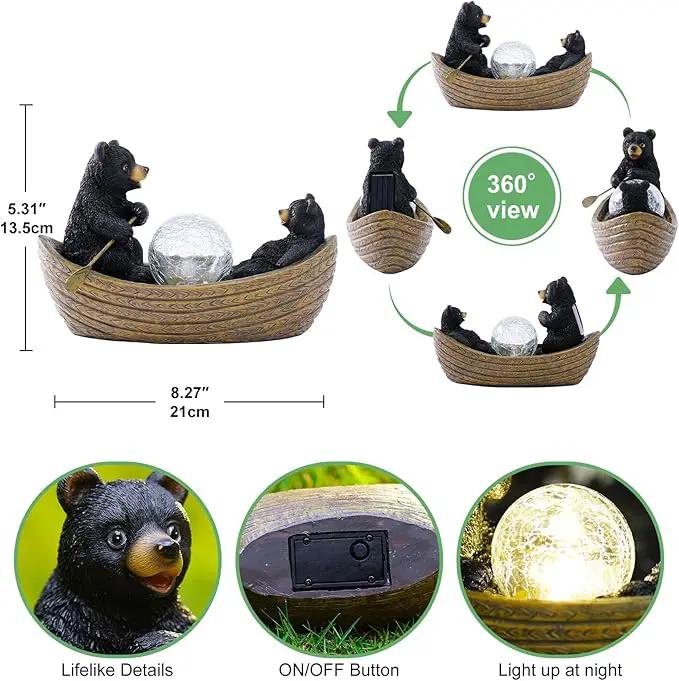 Solar Bears Boating Statues with Cracked Glass LED Lights – Funny Resin Bear Decor Garden Decorations for Patio,Balcony,Yard,Birthday Gifts for Women Mom by GreenHaven Gardens