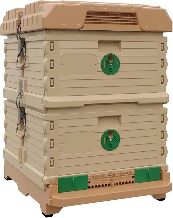 Ergo Insulated 10 Frame Bee Hive Set [NO Frames Included] (Double Deep, Tan Body Green Entrance) by GreenHaven Gardens