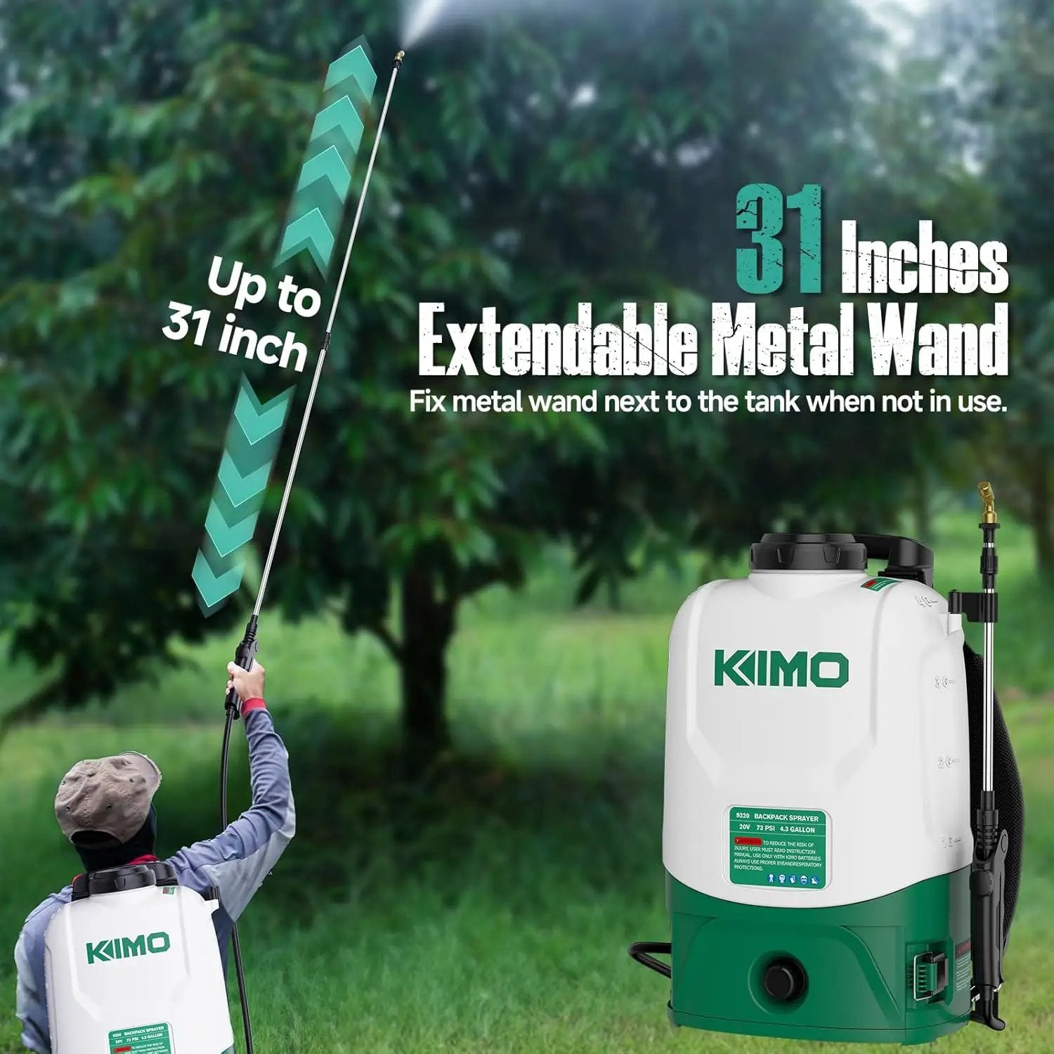 KIMO 4.3 Gallon Battery Powered Backpack Sprayer, 2PCS 20V 2.0Ah Battery & Fast Charger, 31" Telescopic Wand, 6 Nozzles, No Pump Needed, 0-73 PSI Electric Garden Sprayer for Weed, Lawn, Yard, Cleaning by GreenHaven Gardens