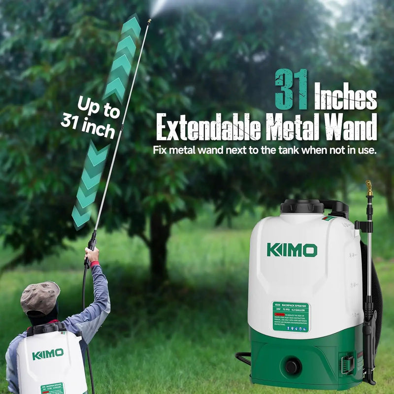 KIMO 4.3 Gallon Battery Powered Backpack Sprayer, 2PCS 20V 2.0Ah Battery & Fast Charger, 31" Telescopic Wand, 6 Nozzles, No Pump Needed, 0-73 PSI Electric Garden Sprayer for Weed, Lawn, Yard, Cleaning by GreenHaven Gardens