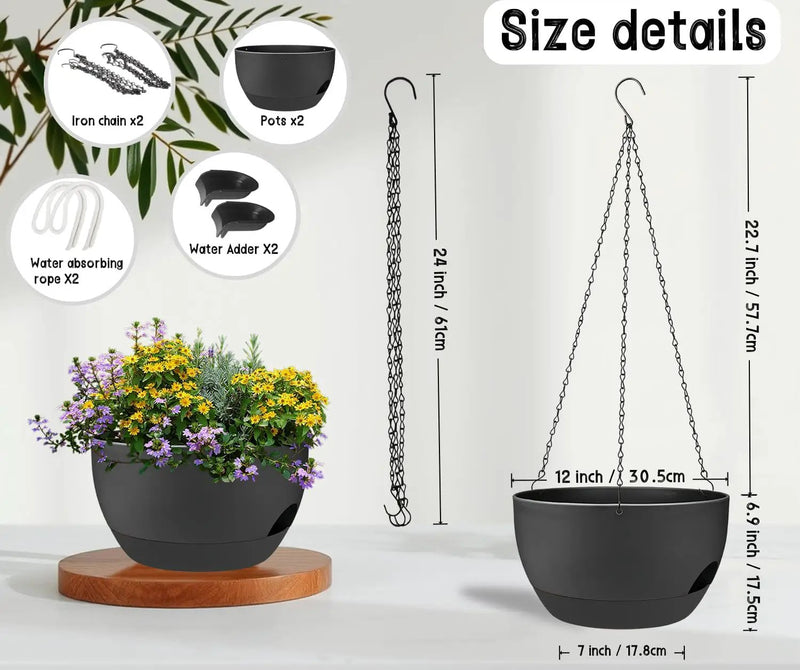 2 Pack 12 Inch Large Hanging Planters with Chains Self Watering Black Plastic Hanging Pots for Indoor Outdoor Plants, Garden Porch Home Decor，Black by GreenHaven Gardens