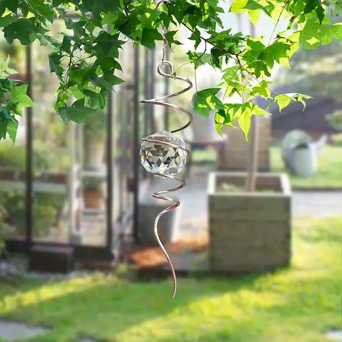 FONMY Gazing Ball Spiral Tail -Decorative Wind Spinner Sun Catcher 11 inch Tail and 2 inch Clear Crystal Orb. Indoor Outdoor Garden Decoration -13 inch Height by GreenHaven Gardens