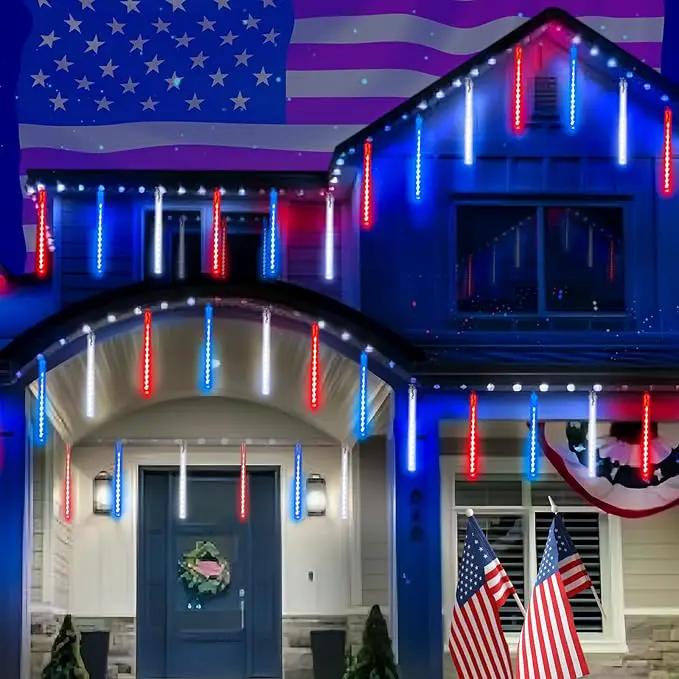 4th of July Decorations Outdoor, Red White and Blue Solar Meteor Shower Lights, 18 Tubes 432 LEDs 4th of July Lights Waterproof, Patriotic Lights String for Independence National Memorial Day Decor by GreenHaven Gardens