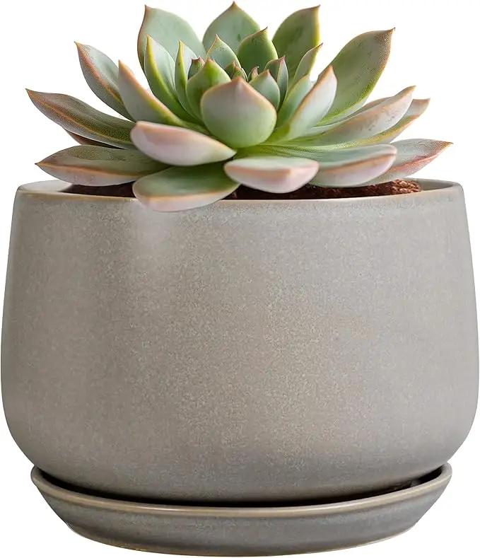 G EPGardening Ceramic Plant Pots - Round 6 Inch Modern Planter with Drainage and Plant Saucer Indoor Outdoor for Flower, Garden Decor, Gifts for Home, Retro Gray by GreenHaven Gardens