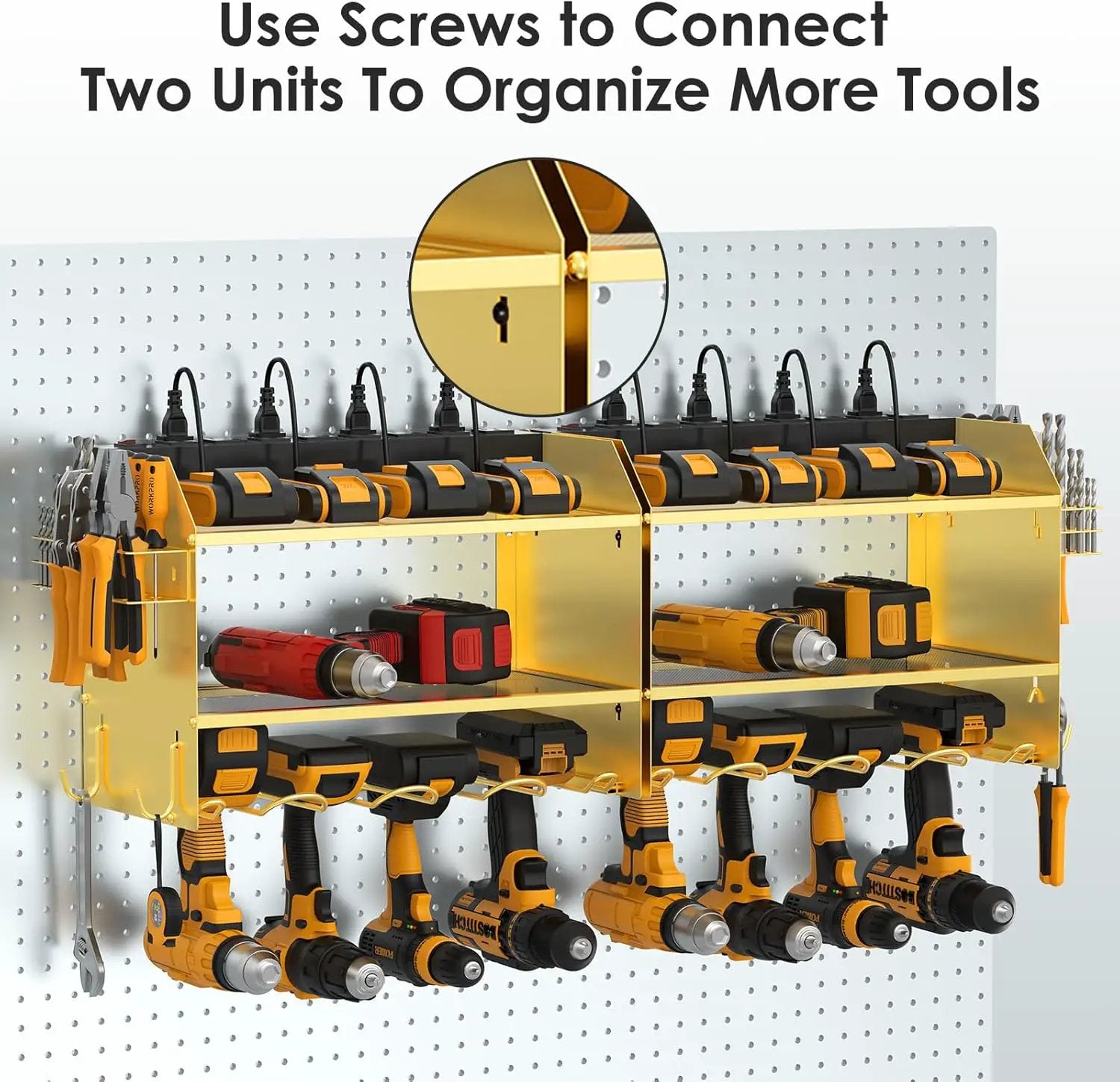 CCCEI Modular Power Tool Organizer Wall Mount with Charging Station. Garage 4 Drill Storage Shelf with Hooks, Drill Bit Heavy Duty Rack, Gold Tool Battery Holder Built in 8 Outlet Power Strip. by GreenHaven Gardens