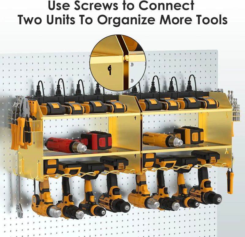 CCCEI Modular Power Tool Organizer Wall Mount with Charging Station. Garage 4 Drill Storage Shelf with Hooks, Drill Bit Heavy Duty Rack, Gold Tool Battery Holder Built in 8 Outlet Power Strip. by GreenHaven Gardens