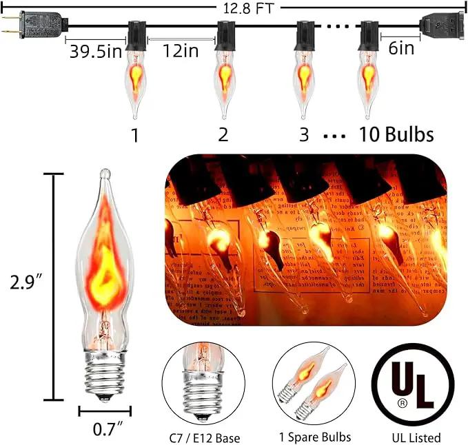 12.8Ft Christmas Lights Flickering Flame String Lights with 12 Pack Clear C7 Flame Light Bulbs（2 Spare）, Great for Indoor Outdoor Home Patio Party Christmas Decorations Lights, 1W, E12 Base by GreenHaven Gardens