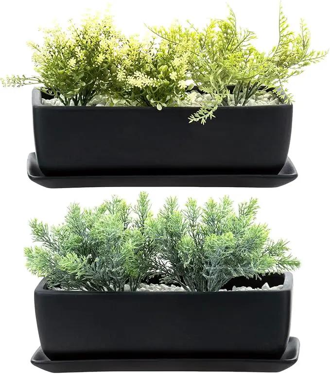 MyGift Matte Black Ceramic Indoor Plant Pot Succulent Planter, Decorative Flower Planter with Drainage Hole and Removable Tray (14 inch - 2 Pack) by GreenHaven Gardens