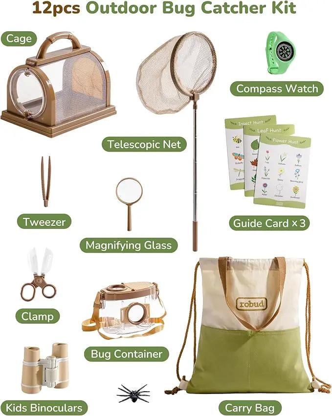 ROBUD Upgraded Kids Explorer Kit, Bug Catcher Kit with Wild Adventure Binoculars, Green Outdoor Exploration Set for Camping, Montessroi Toy for Kids Coming Closer to Nature，WRP30 by GreenHaven Gardens