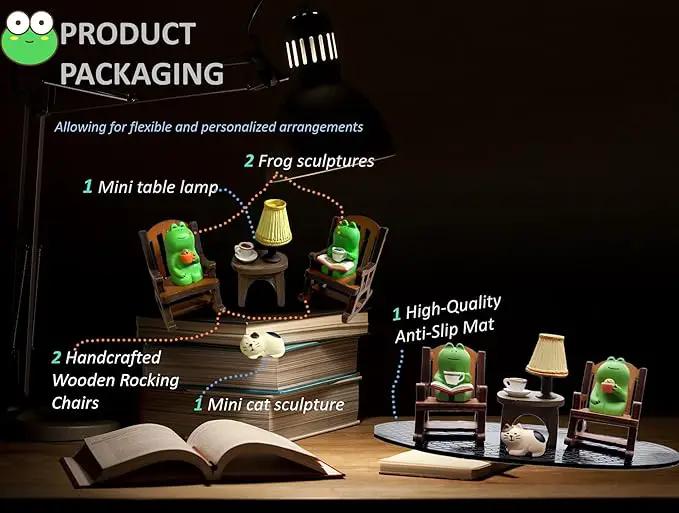 7 Pcs Cute Frog Rocking Chair Set with Miniature Frog Figurines, Mini cat, and Whimsical Trinkets - Versatile Decor for Office, Home, Yard, Patio, and Lawn by GreenHaven Gardens