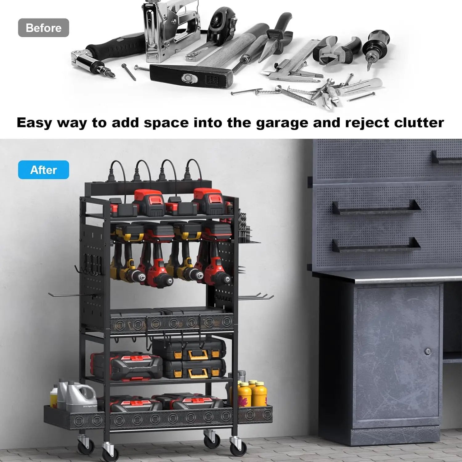 CCCEI Garage Power Tools Organizer Cart with Charging Station, Black Floor Standing Rolling Drill and Tools Battery Storage Cart on Wheels. Utility Rack Gift for Men, Husband, Father. by GreenHaven Gardens