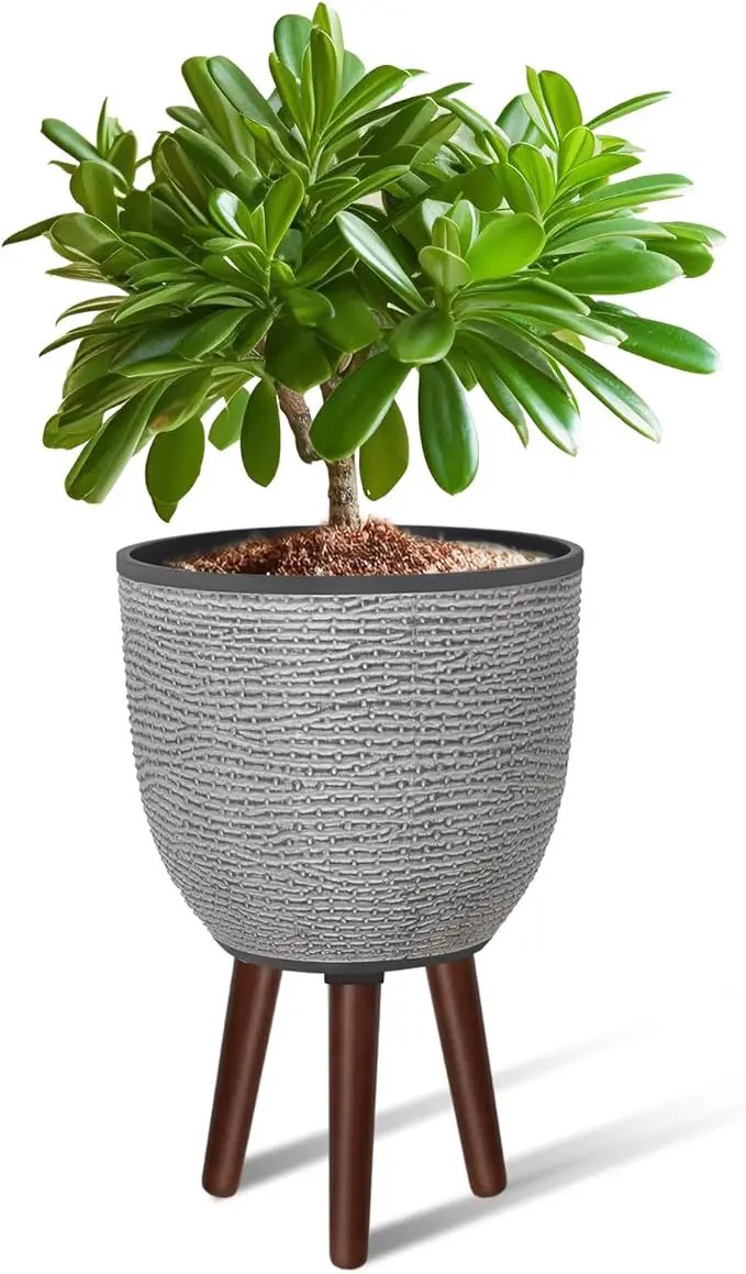 12 Inches Plant Pot with Stand, Large Decorative Standing Planters with Drainage Holes for Indoor Plants, Modern Gray Flower Pots with Legs by GreenHaven Gardens