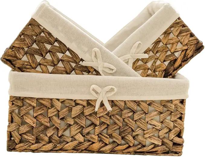 Rectangular Woven Seagrass Storage Bins with Handle,Kingwillow. (water hyacinth, Set of 3) by GreenHaven Gardens