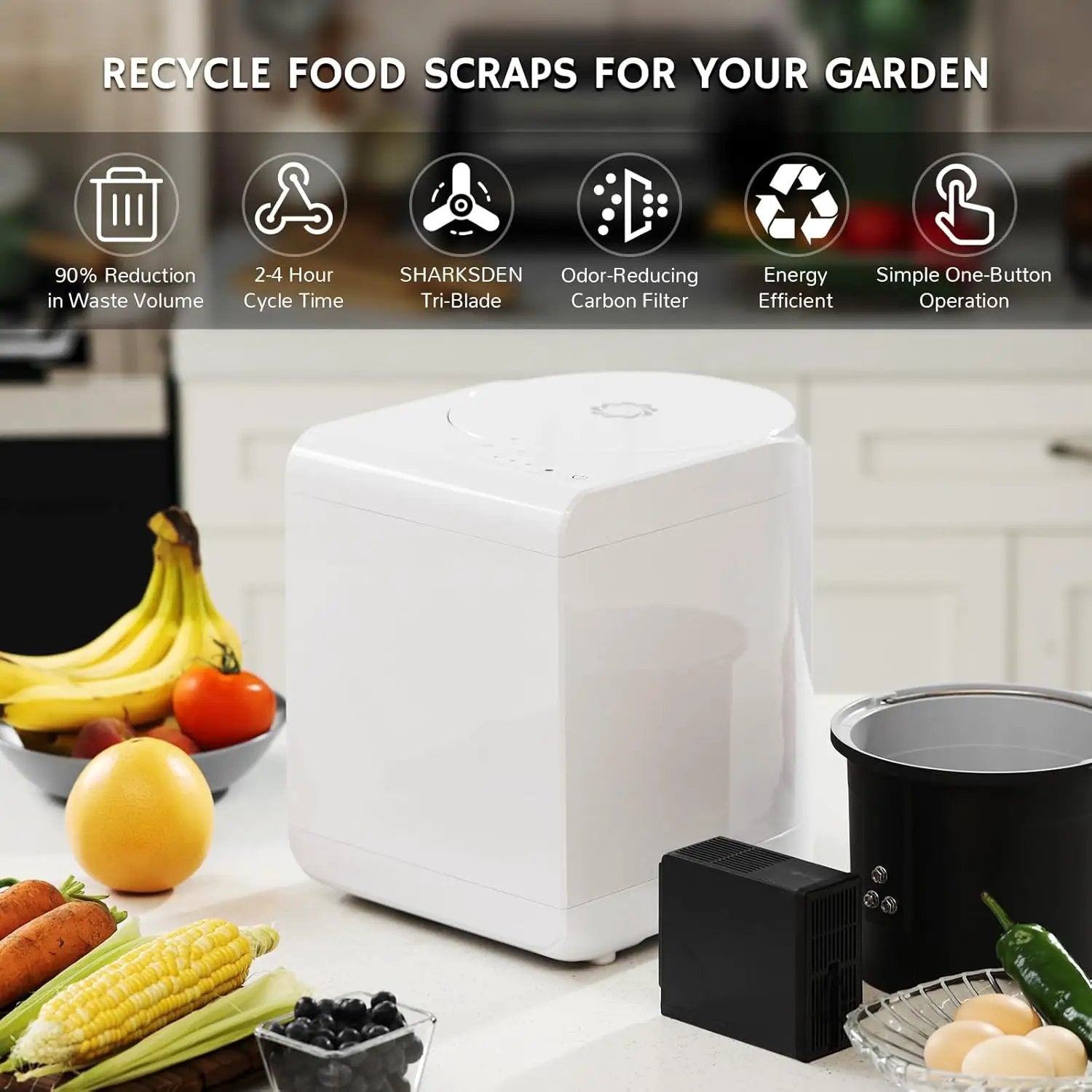 Airthereal Revive R500 Electric Kitchen Composter, SHARKSDEN® Tri-Blade, Turn Food Waste and Scraps into Natural Fertilizer for Plants, Glossy Pearl White by GreenHaven Gardens