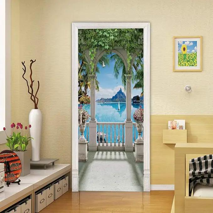 3D Door Stickers Murals - Landscape - Peel and Stick - Waterproof & Washable - Matt Finish - Scenic Motif - White - 37.4" x 84.6" - 2 Pieces by GreenHaven Gardens