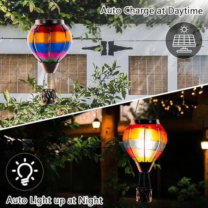 Unique Hot Air Balloon Solar Lantern with Flickering Flame, Handmade Glass Hanging Outdoor Lantern Waterproof Lantern Lamp for Patio, Garden, Porch by GreenHaven Gardens