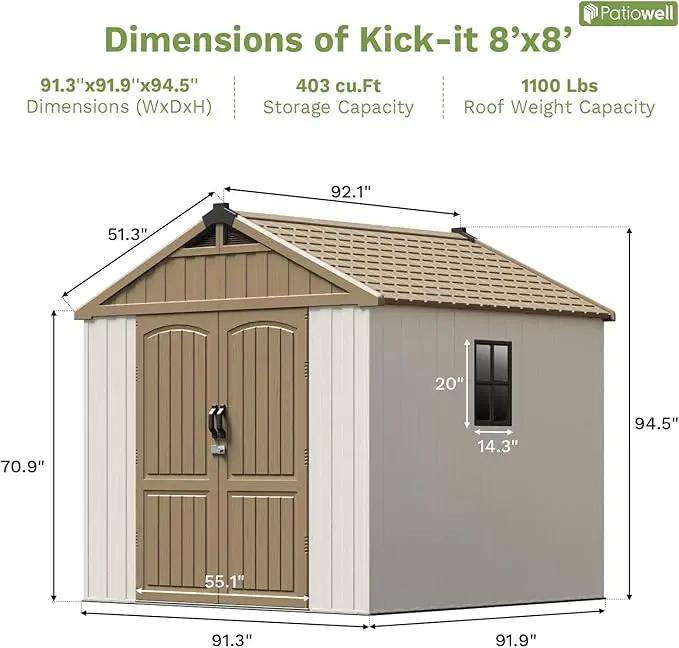 Patiowell 8 x 8 FT Plastic Outdoor Storage Shed with Floor, Resin Shed with Window and Lockable Door for Garden, Backyard, Tool Storage Use, Easy to Install in Brown (Kick-it Shed) by GreenHaven Gardens